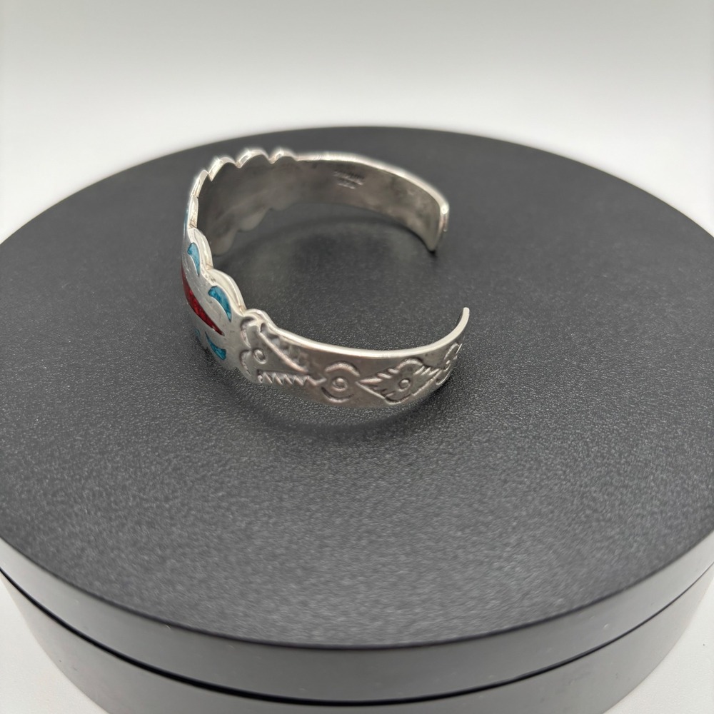 Vintage 1970's Sterling 925 Cuff Bracelet Silver Turquoise Coral Inlay Native - Picture 2 of 7